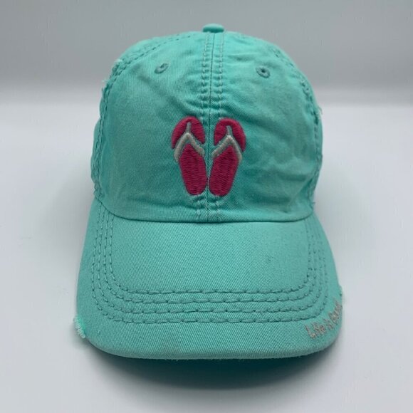 Life is Good Flip Flops Turquoise Distressed Relaxed Fit Adjustable Hat - Picture 2 of 5